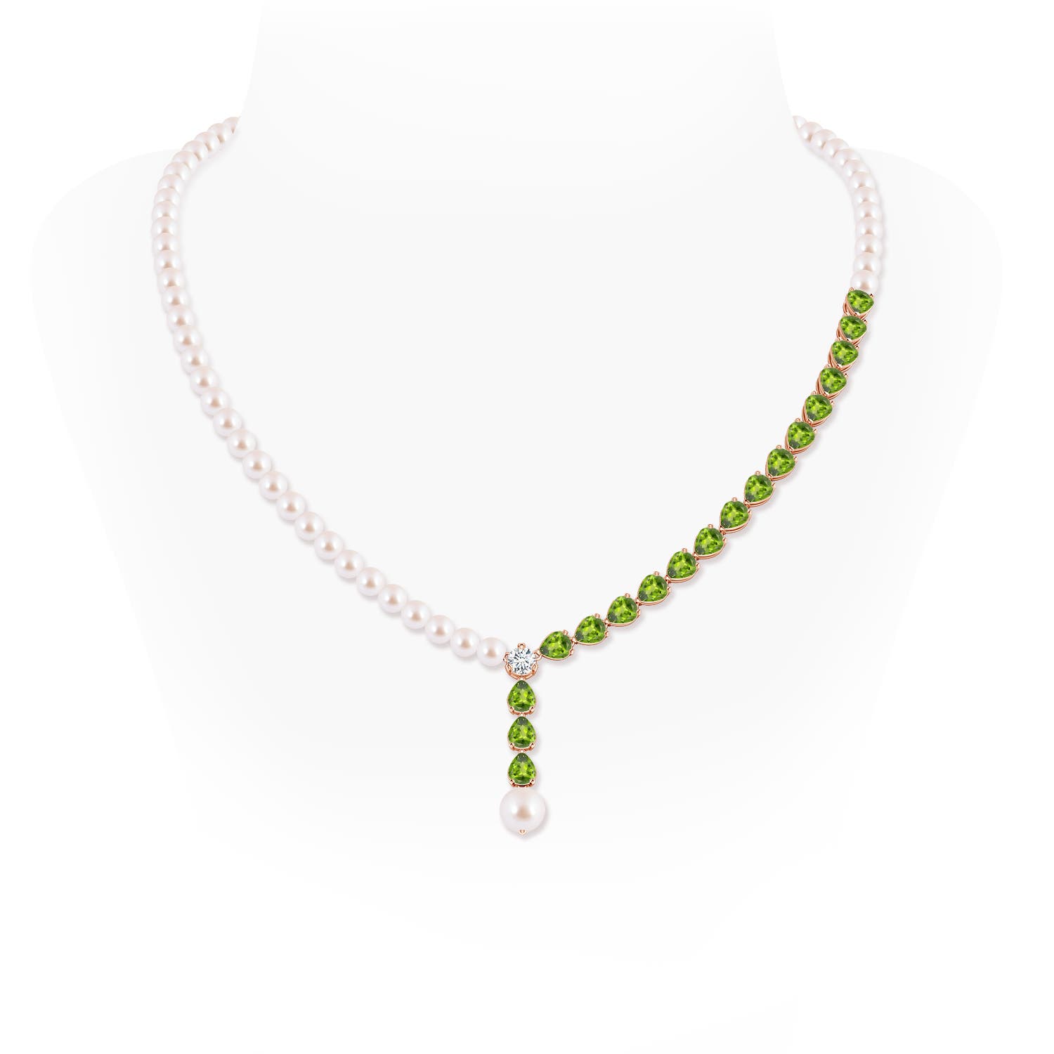 8mm AAA Akoya Pearl and Pear Peridot Y Necklace in Rose Gold