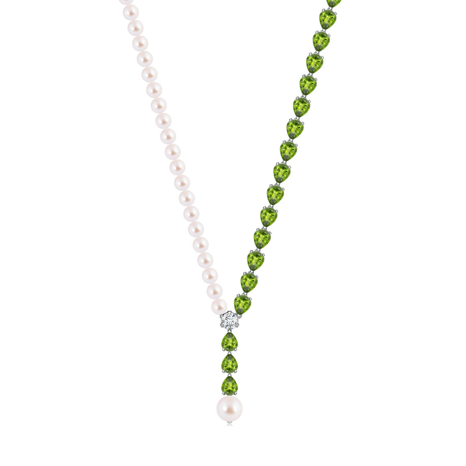 8mm AAA Akoya Pearl and Pear Peridot Y Necklace in White Gold