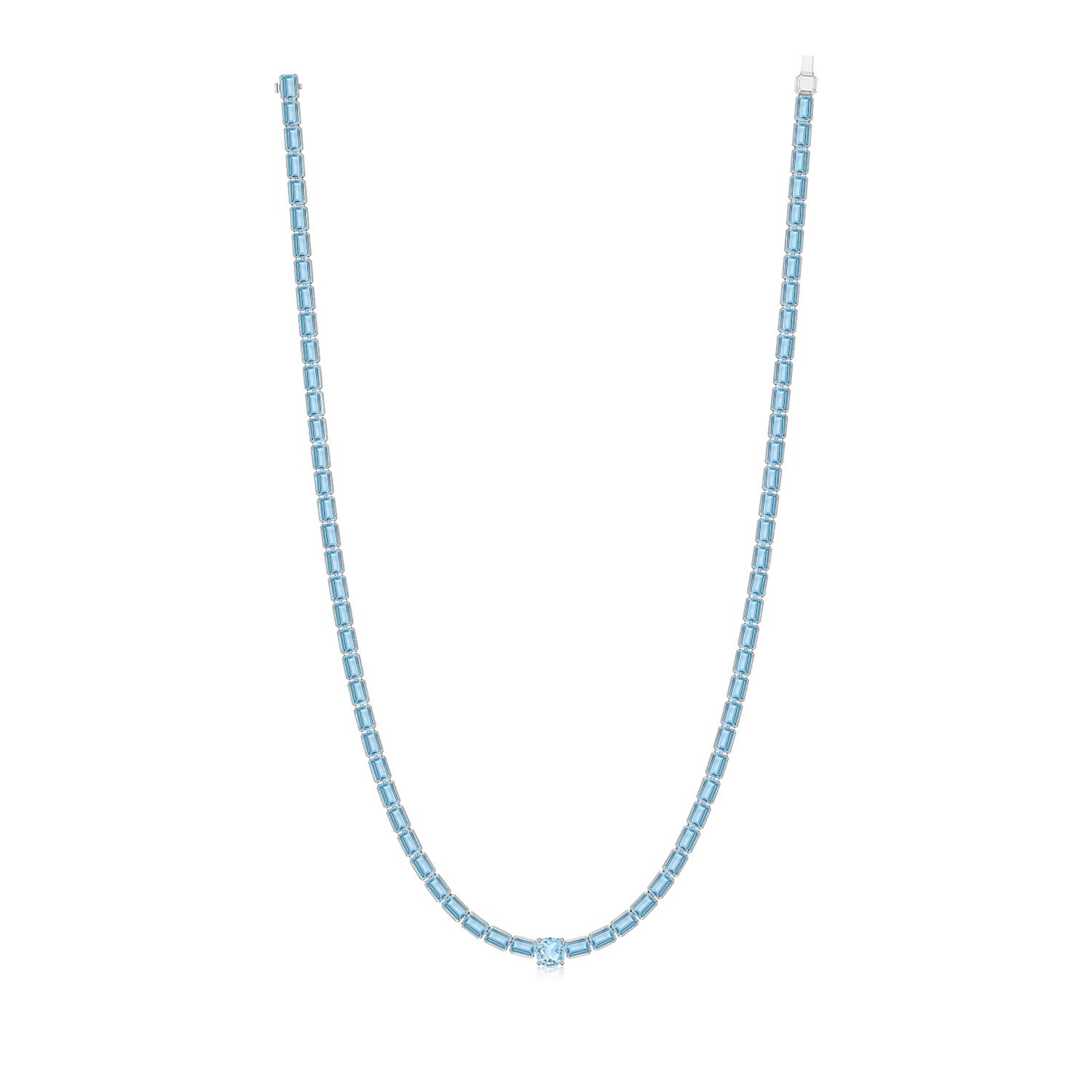 7mm AAA Lee Harris x Angara Cushion Aquamarine Modern Art Deco Inspired Tennis Necklace in White Gold