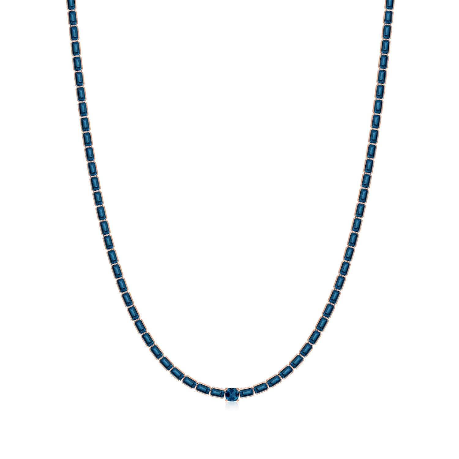 5mm AAA Lee Harris x Angara Cushion London Blue Topaz Modern Art Deco Inspired Tennis Necklace in 18K Rose Gold
