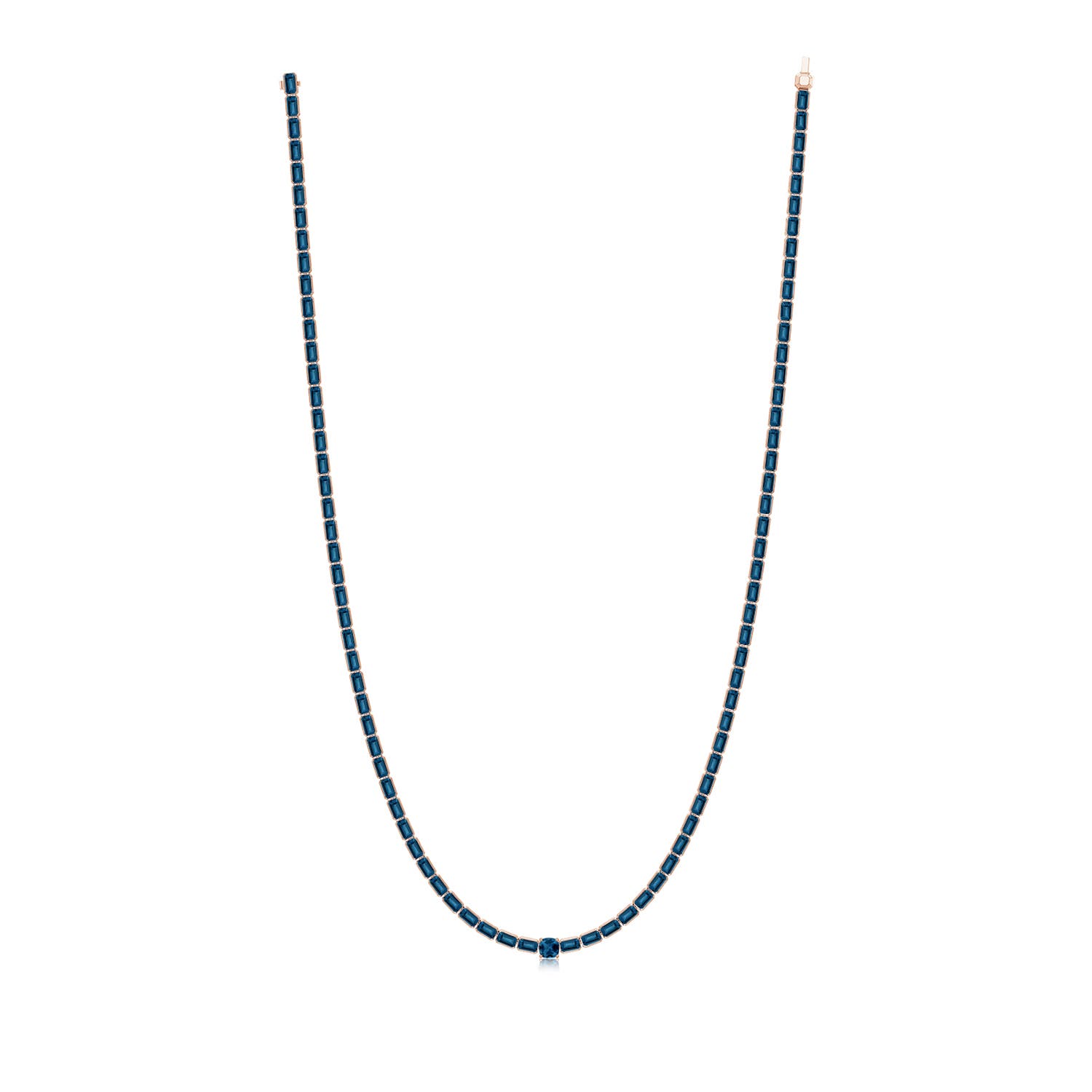 5mm AAA Lee Harris x Angara Cushion London Blue Topaz Modern Art Deco Inspired Tennis Necklace in 18K Rose Gold