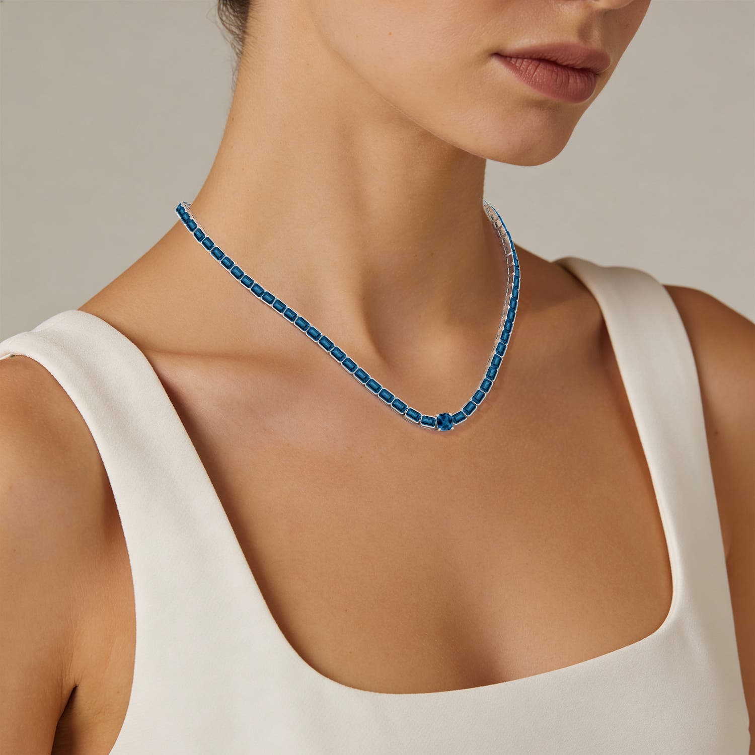7mm AAA Lee Harris x Angara Cushion London Blue Topaz Modern Art Deco Inspired Tennis Necklace in White Gold - body_view 1