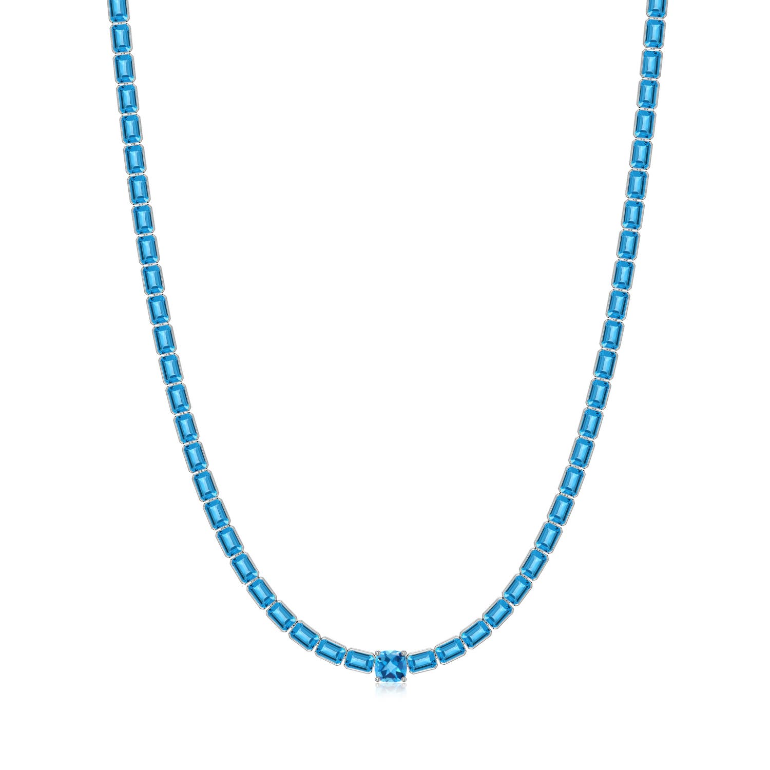 7mm AAA Lee Harris x Angara Cushion Swiss Blue Topaz Modern Art Deco Inspired Tennis Necklace in White Gold