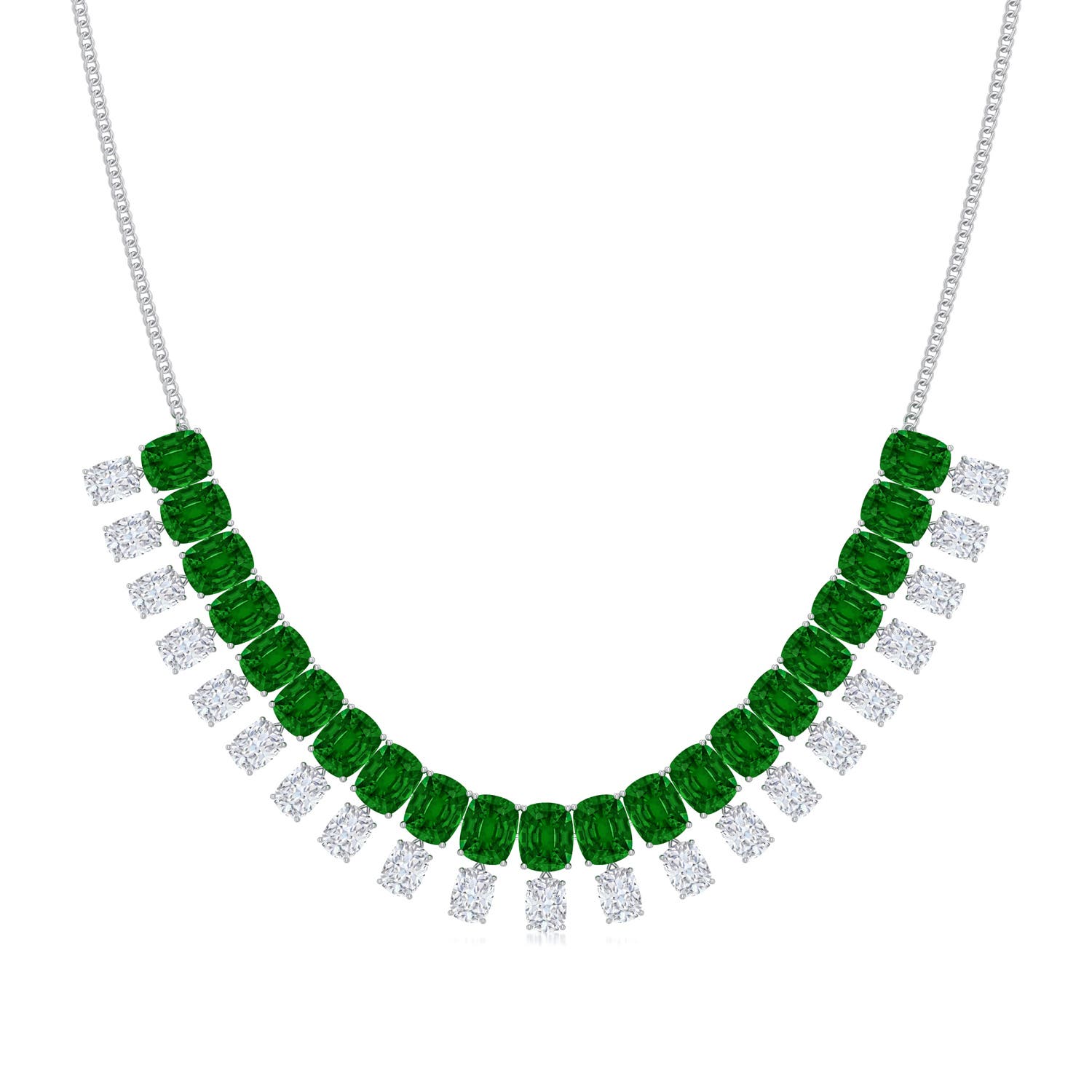Angara 91.35 CTW Cushion Rectangular Emerald and Diamond Fringe Necklace in 14K White Gold