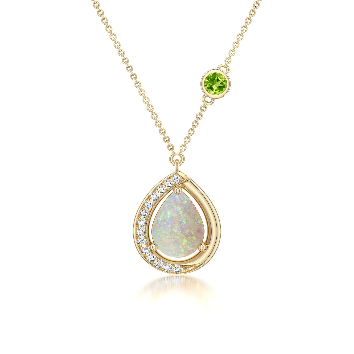 8x6mm AAA Pear Opal Half Halo Necklace with Peridot Accent in Yellow Gold - main