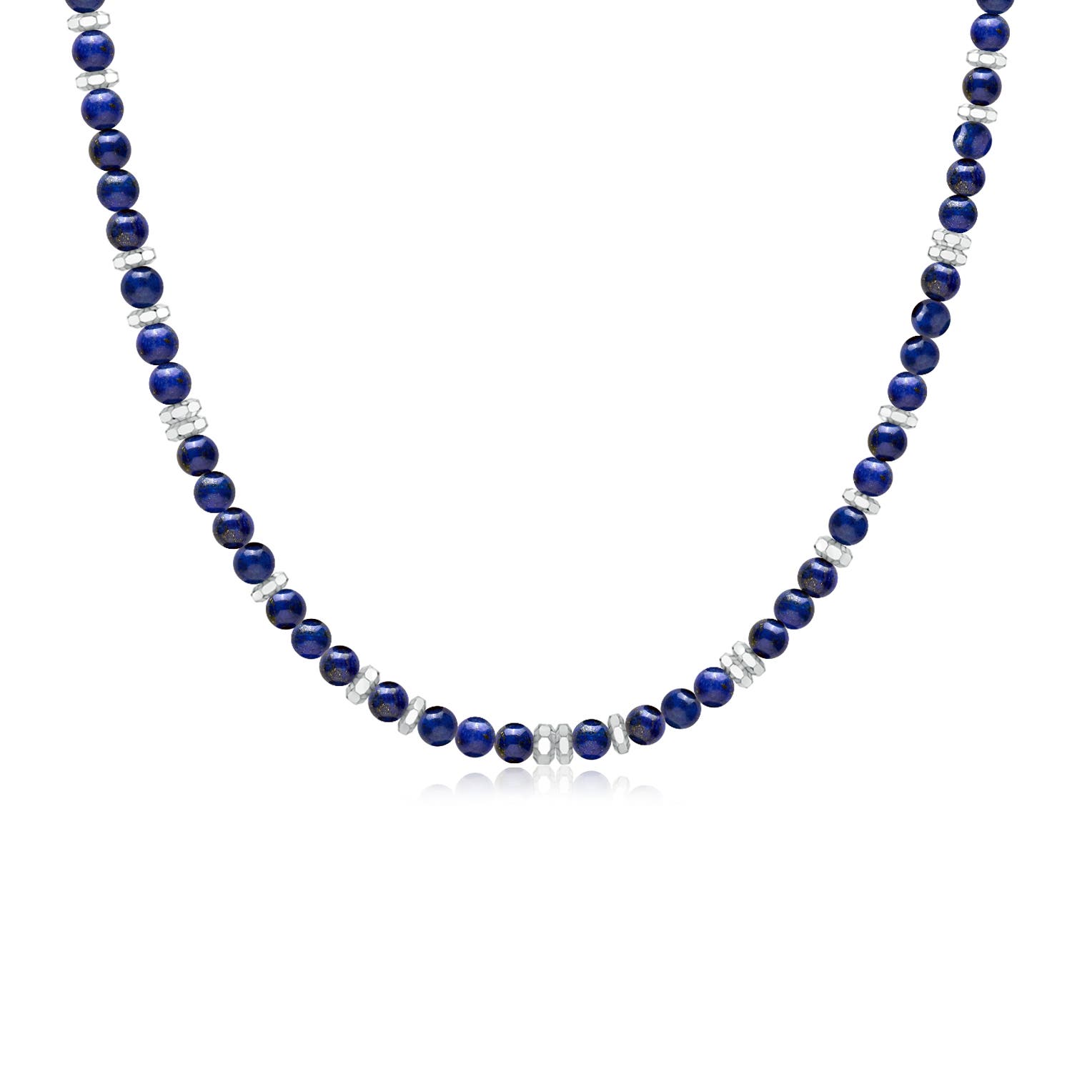 8mm AAA Men's Lapis Lazuli Beaded Necklace with Octagon Metal Motifs in 999 Silver - main