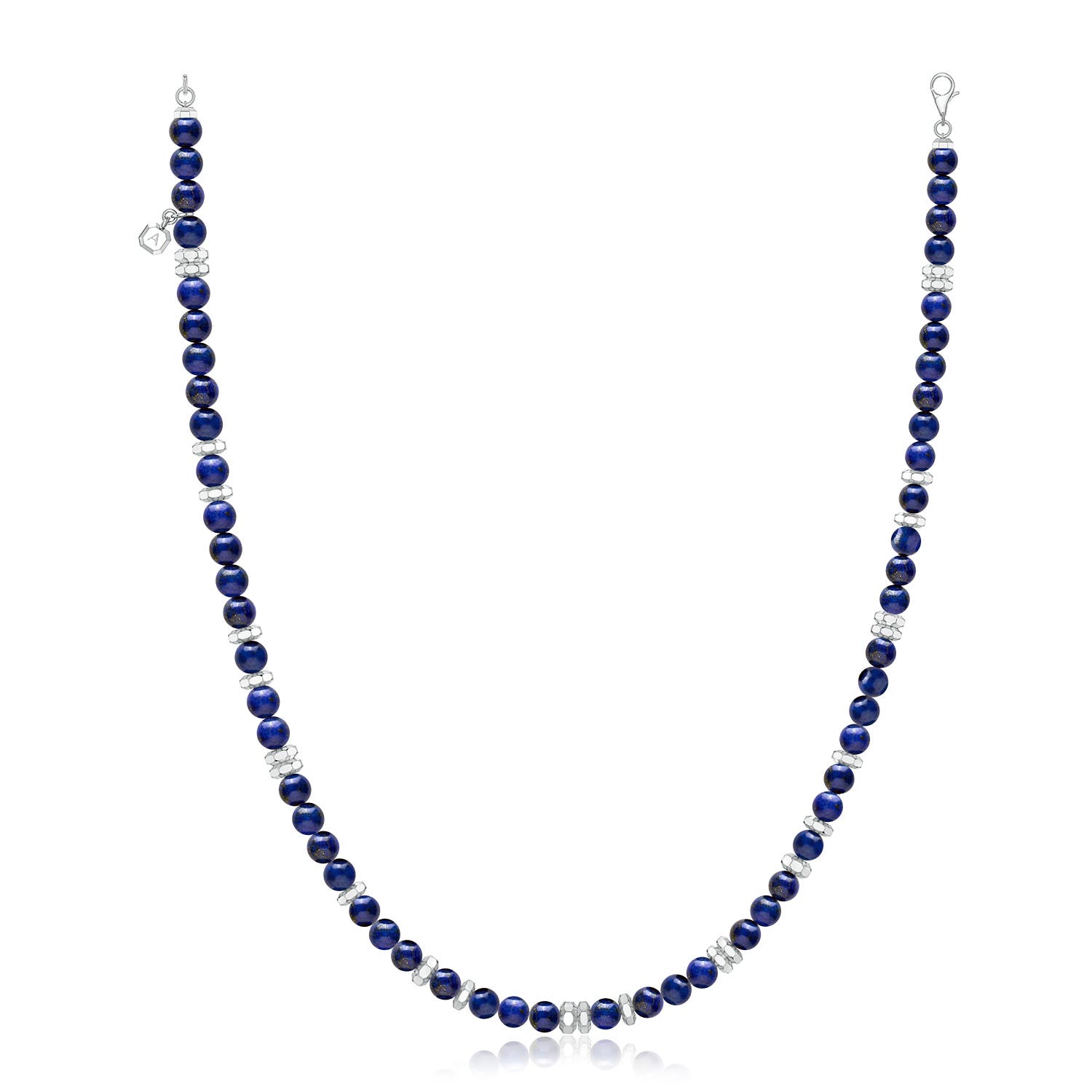 8mm AAA Men's Lapis Lazuli Beaded Necklace with Octagon Metal Motifs in 999 Silver - side 1