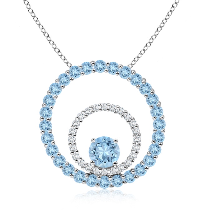 5mm AAA Diamond and Aquamarine Double Circle Pendant Necklace in White Gold
