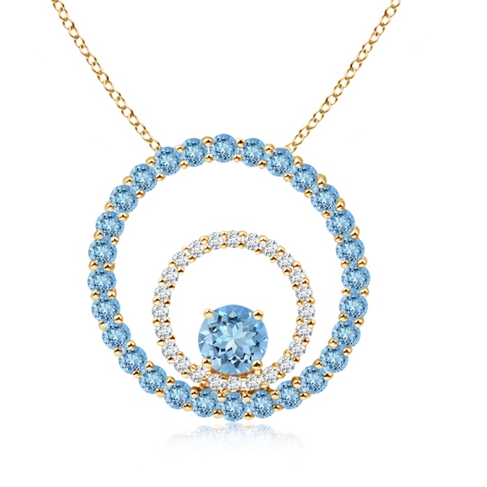 5mm AAAA Diamond and Aquamarine Double Circle Pendant Necklace in Yellow Gold