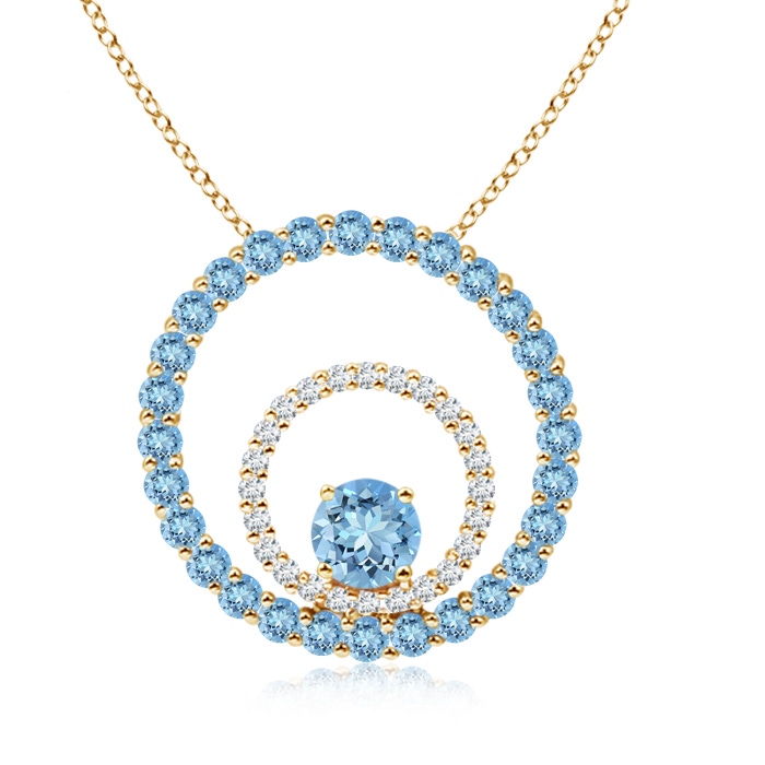 5mm AAAA Diamond and Aquamarine Double Circle Pendant Necklace in Yellow Gold 