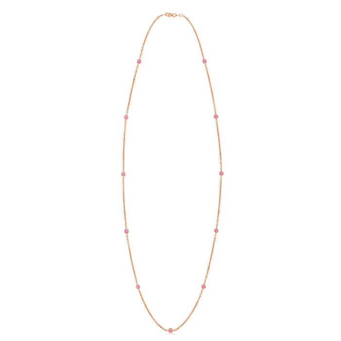 3mm A Round Pink Sapphire Station Necklace in Rose Gold 