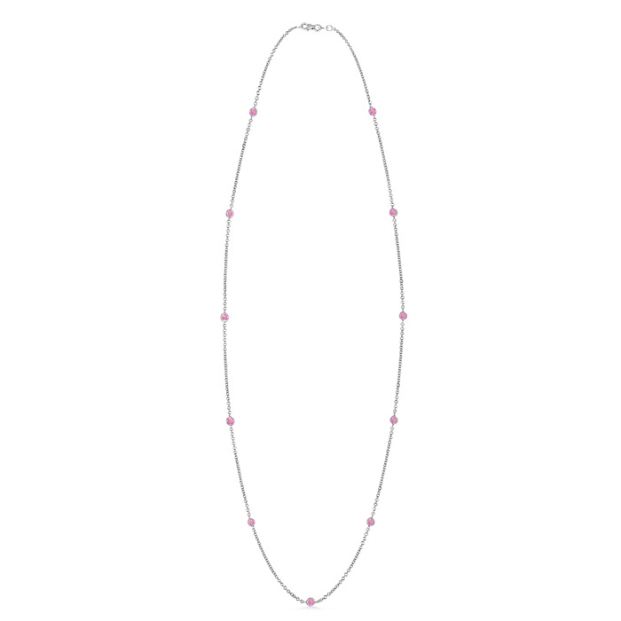 3mm A Round Pink Sapphire Station Necklace in White Gold 