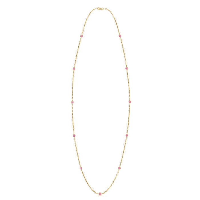 3mm A Round Pink Sapphire Station Necklace in Yellow Gold 