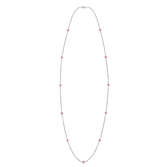 3mm AA Round Pink Sapphire Station Necklace in White Gold 