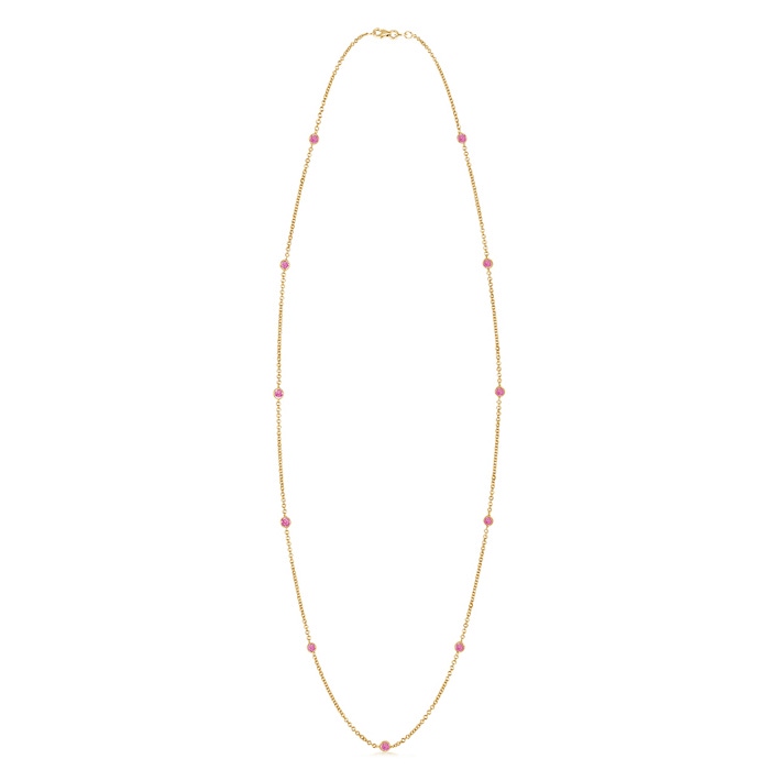 3mm AA Round Pink Sapphire Station Necklace in Yellow Gold 