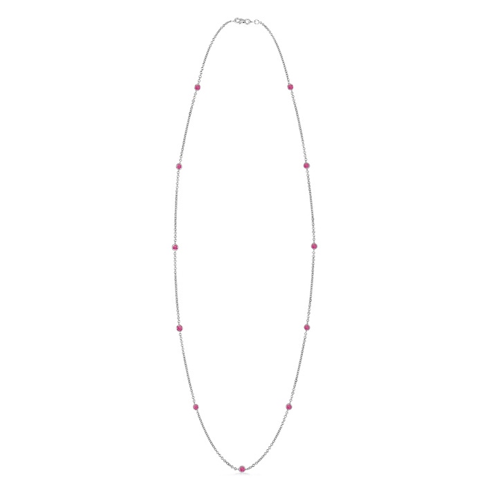 3mm AAA Round Pink Sapphire Station Necklace in White Gold 