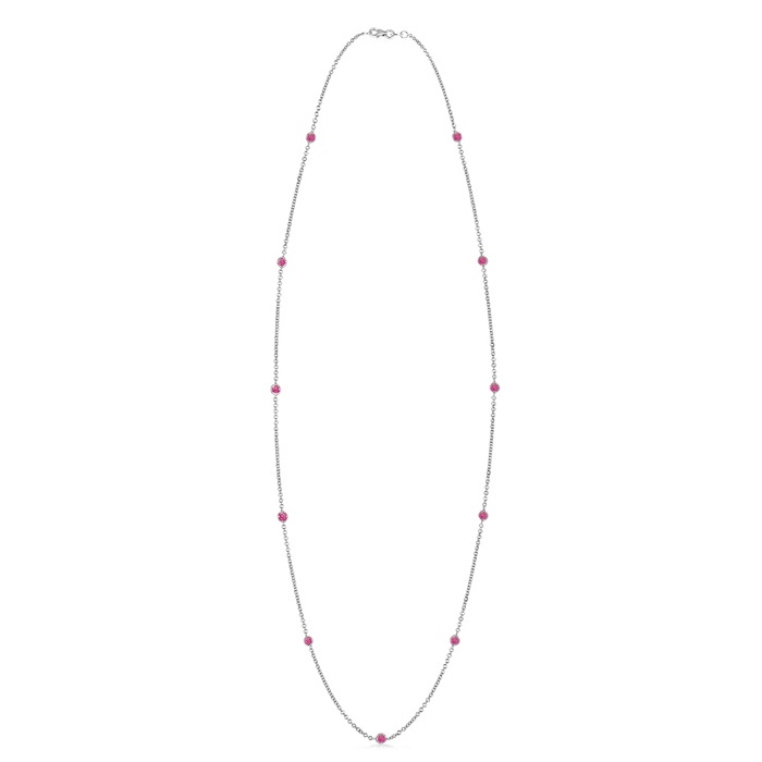 3mm AAA Round Pink Sapphire Station Necklace in White Gold