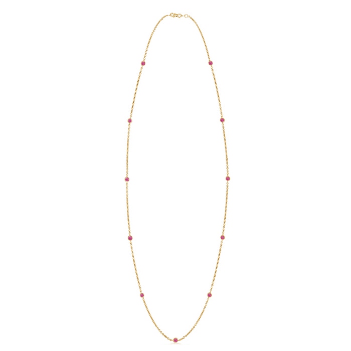 3mm AAA Round Pink Sapphire Station Necklace in Yellow Gold 