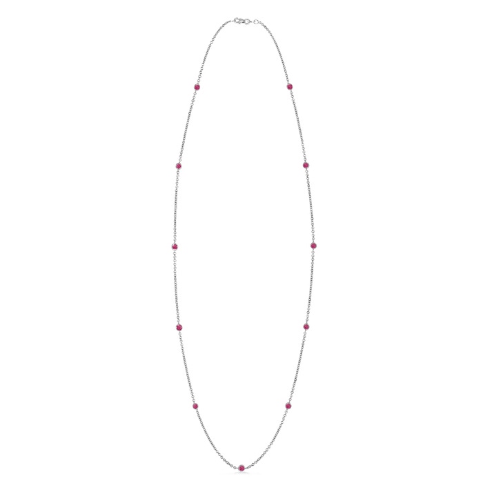 3mm AAAA Round Pink Sapphire Station Necklace in White Gold 