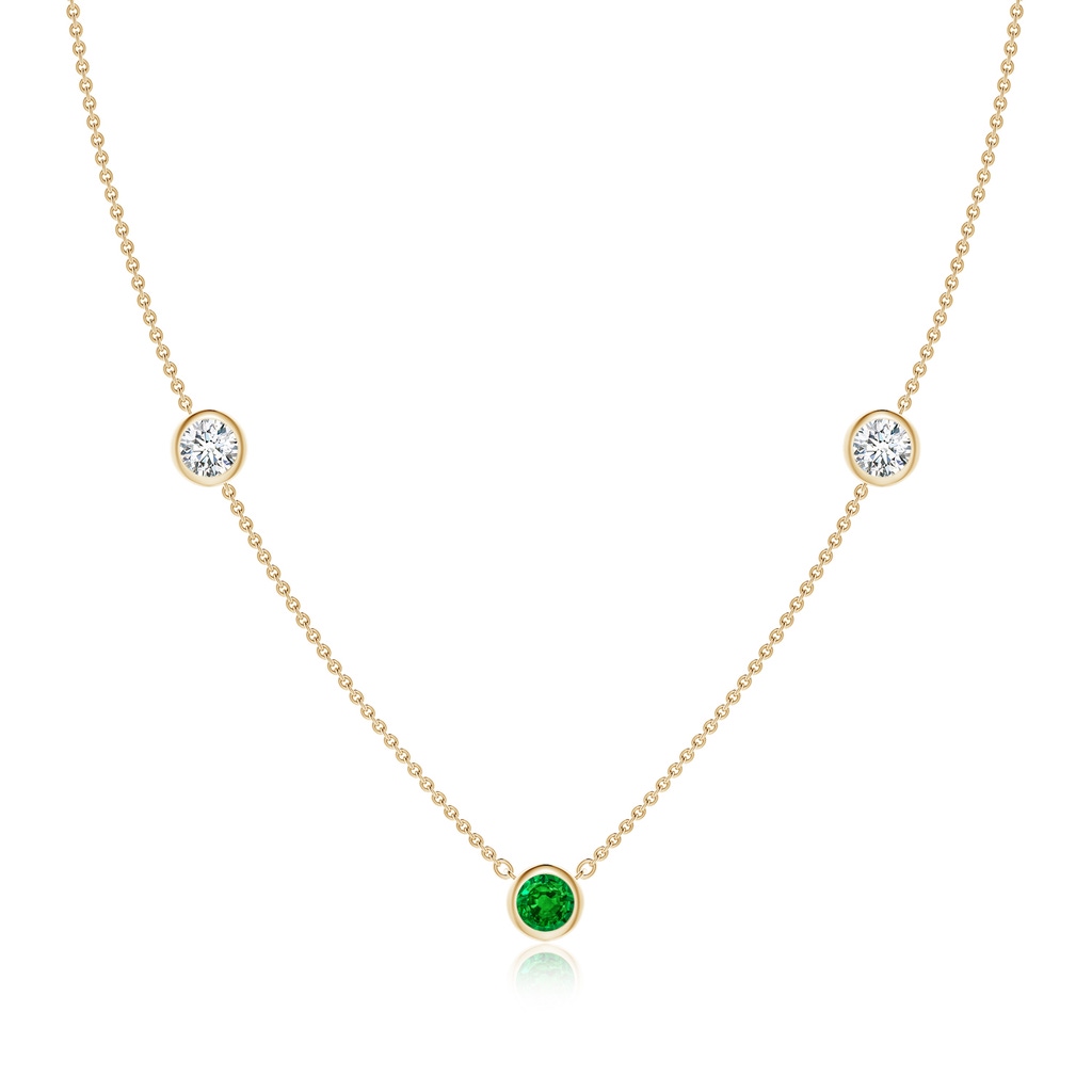 5mm AAAA Round Emerald and Diamond Station Necklace in Yellow Gold