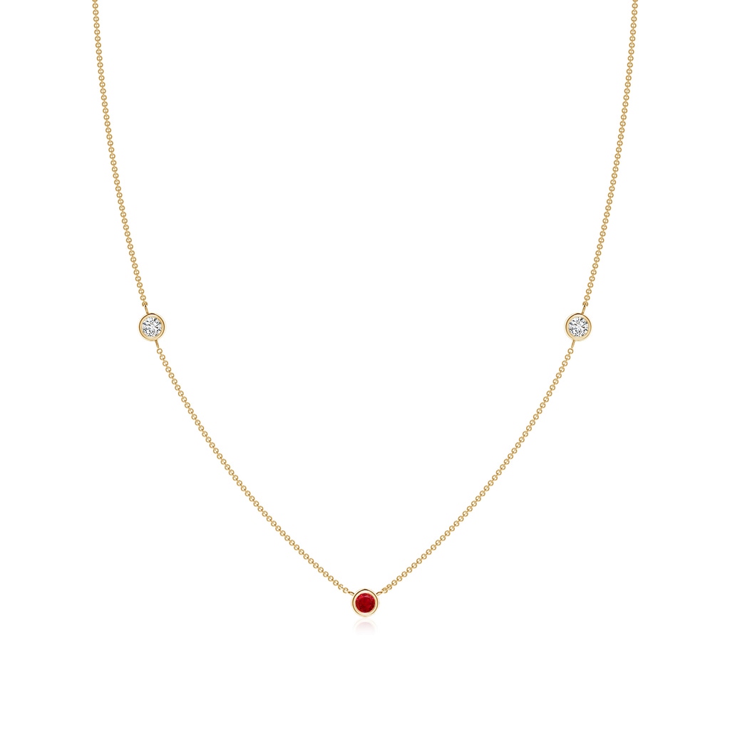 3mm AAA Round Ruby and Diamond Station Necklace in Yellow Gold