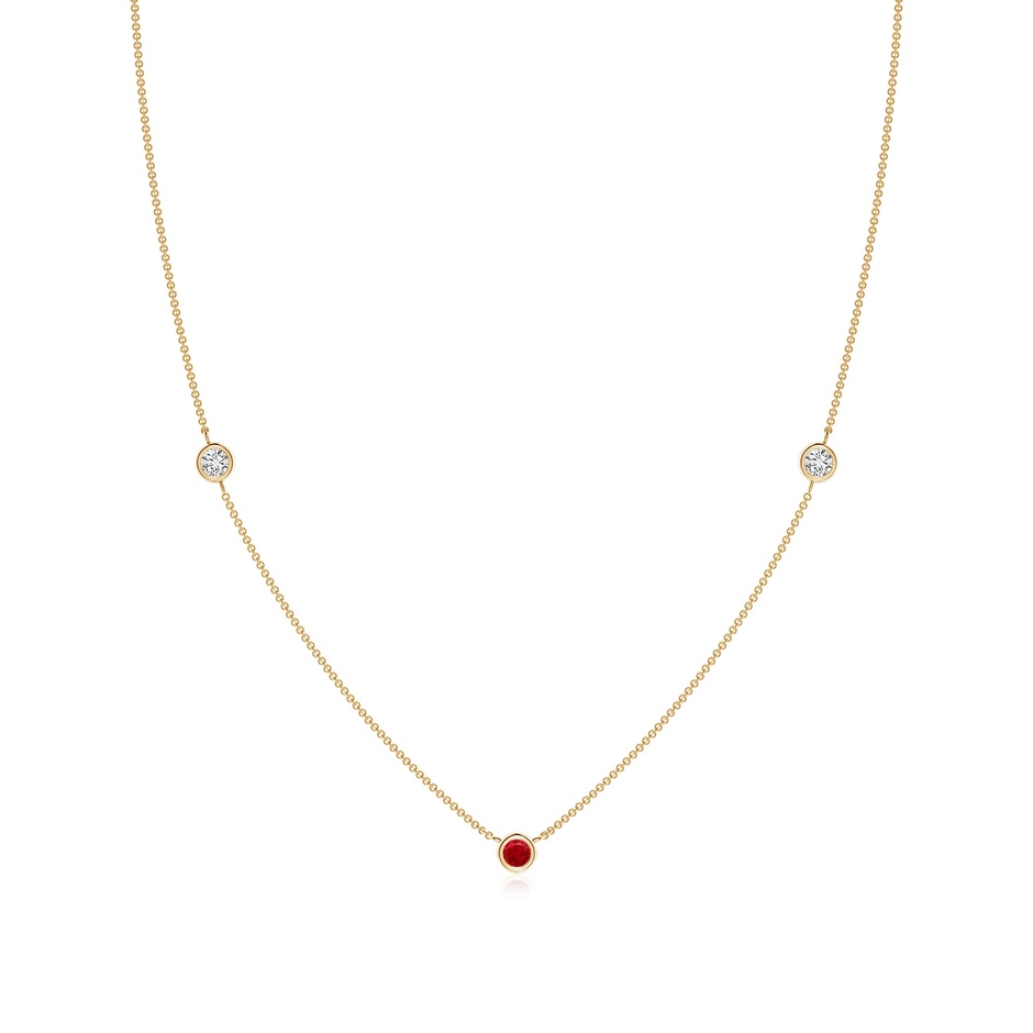 3mm AAA Round Ruby and Diamond Station Necklace in Yellow Gold 