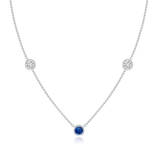 5mm AAA Round Blue Sapphire and Diamond Station Necklace in 10K White Gold