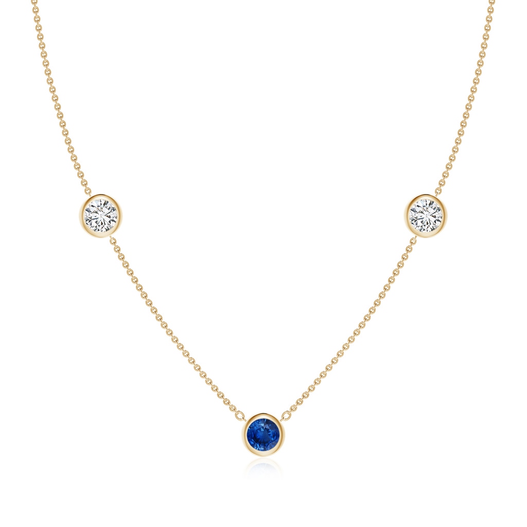 6mm AAA Round Blue Sapphire and Diamond Station Necklace in Yellow Gold