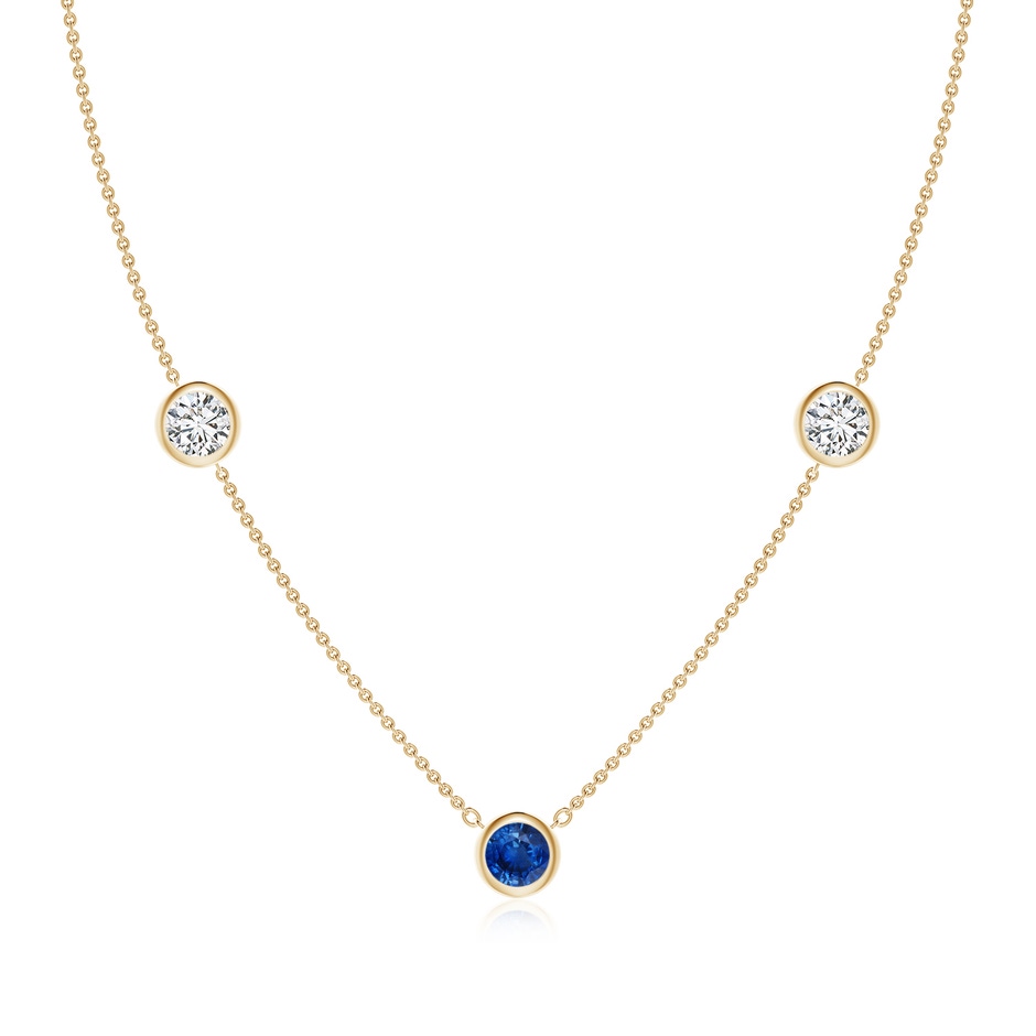 6mm AAA Round Blue Sapphire and Diamond Station Necklace in Yellow Gold 