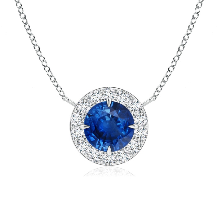 7mm AAA Claw-Set Blue Sapphire Pendant with Diamond Halo in White Gold 