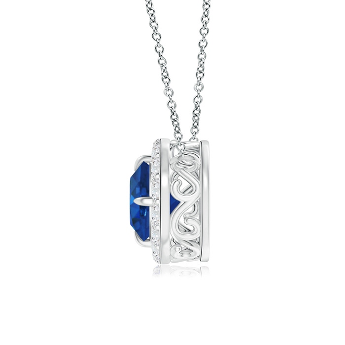 7mm AAA Claw-Set Blue Sapphire Pendant with Diamond Halo in White Gold product image