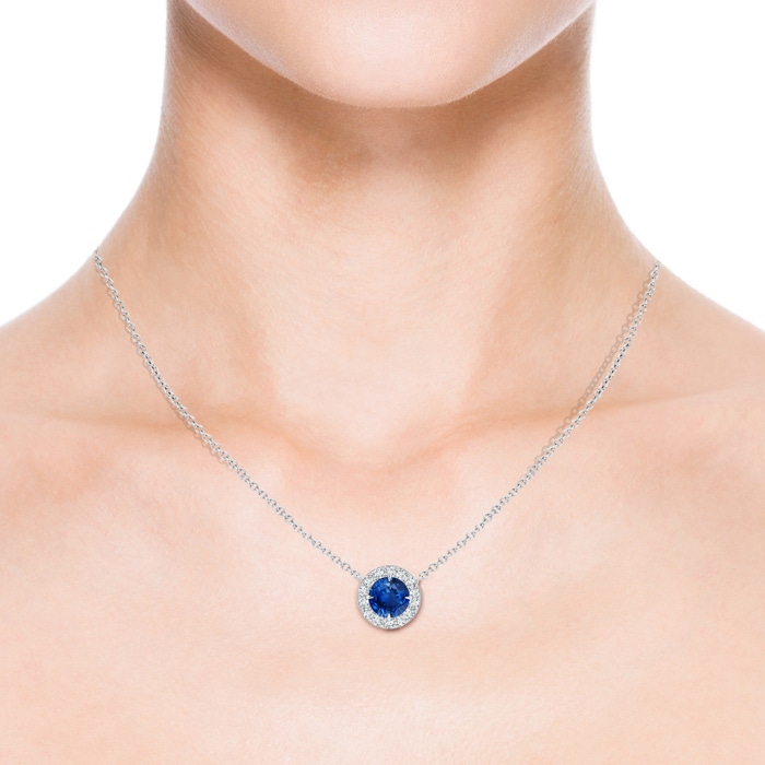 7mm AAA Claw-Set Blue Sapphire Pendant with Diamond Halo in White Gold product image