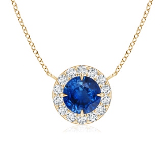 7mm AAA Claw-Set Blue Sapphire Pendant with Diamond Halo in Yellow Gold