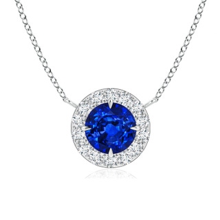 7mm AAAA Claw-Set Blue Sapphire Pendant with Diamond Halo in White Gold