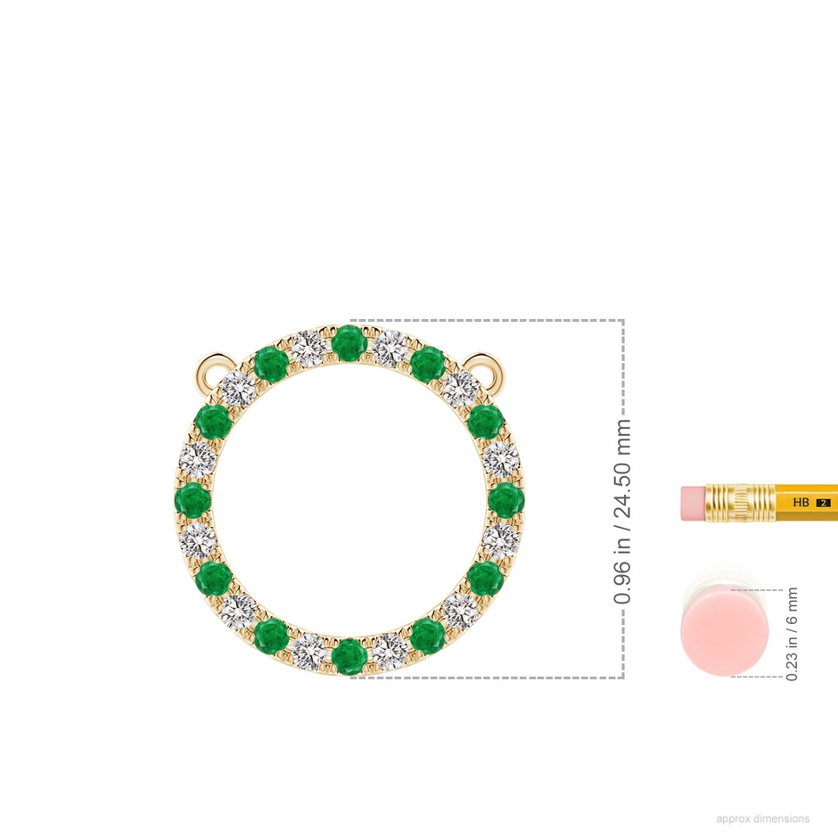 2.5mm AA Emerald and Diamond Open Circle Eternity Pendant in Yellow Gold ruler