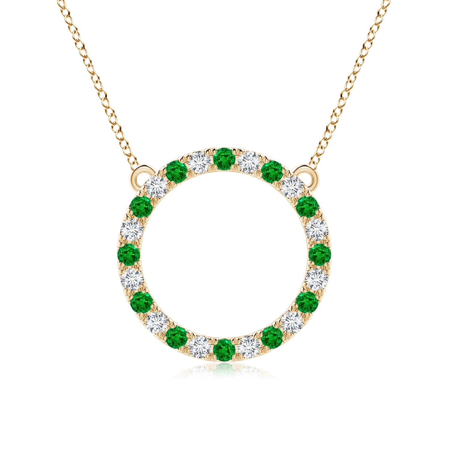 2.5mm AAAA Emerald and Diamond Open Circle Eternity Pendant in Yellow Gold