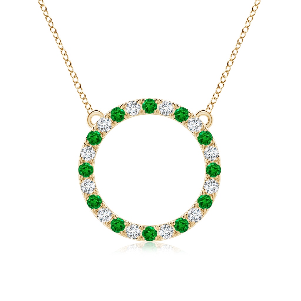 2.5mm AAAA Emerald and Diamond Open Circle Eternity Pendant in Yellow Gold