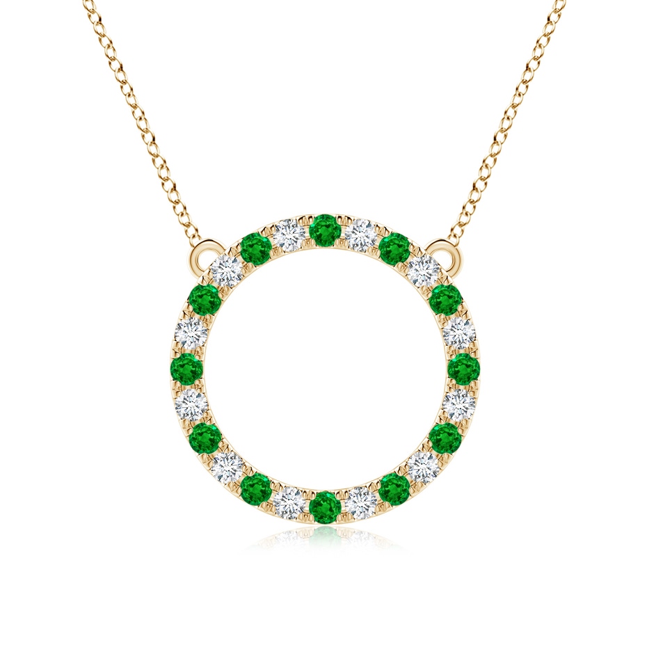 2.5mm AAAA Emerald and Diamond Open Circle Eternity Pendant in Yellow Gold 