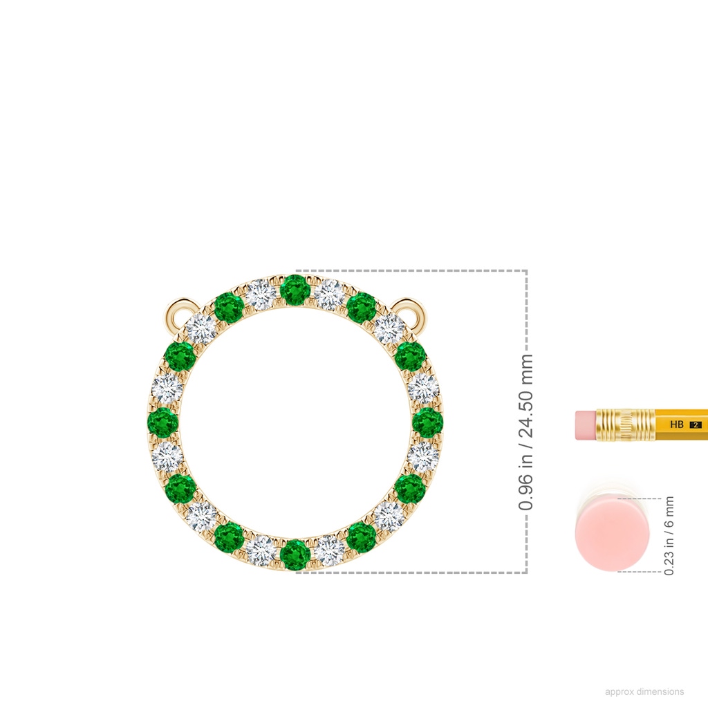 2.5mm AAAA Emerald and Diamond Open Circle Eternity Pendant in Yellow Gold ruler