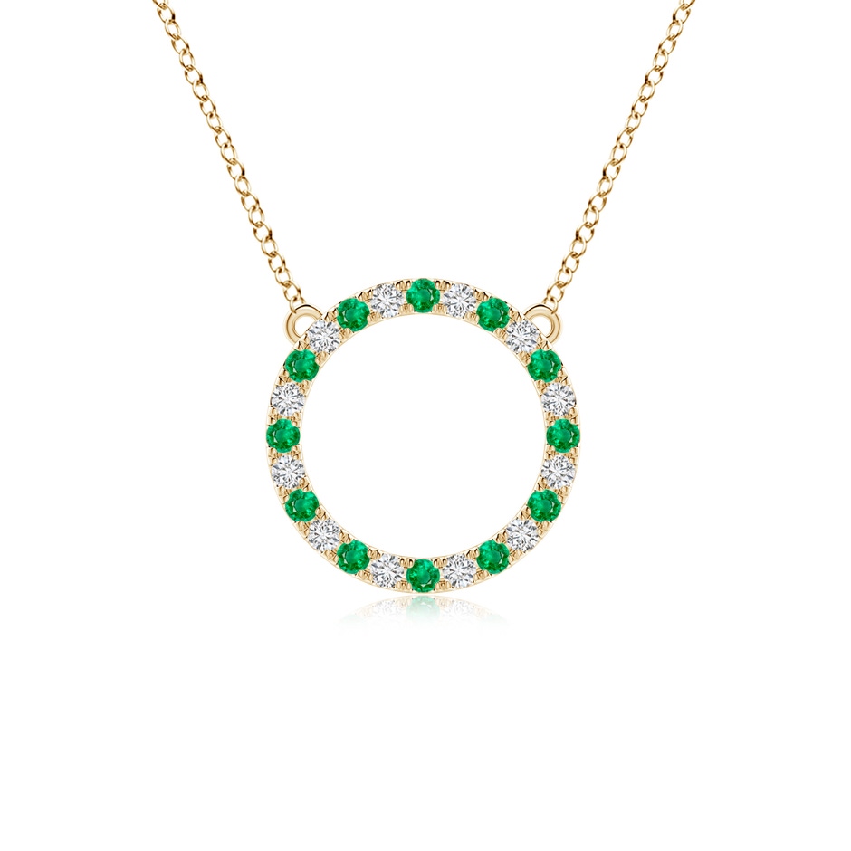 2mm AAA Emerald and Diamond Open Circle Eternity Pendant in Yellow Gold 