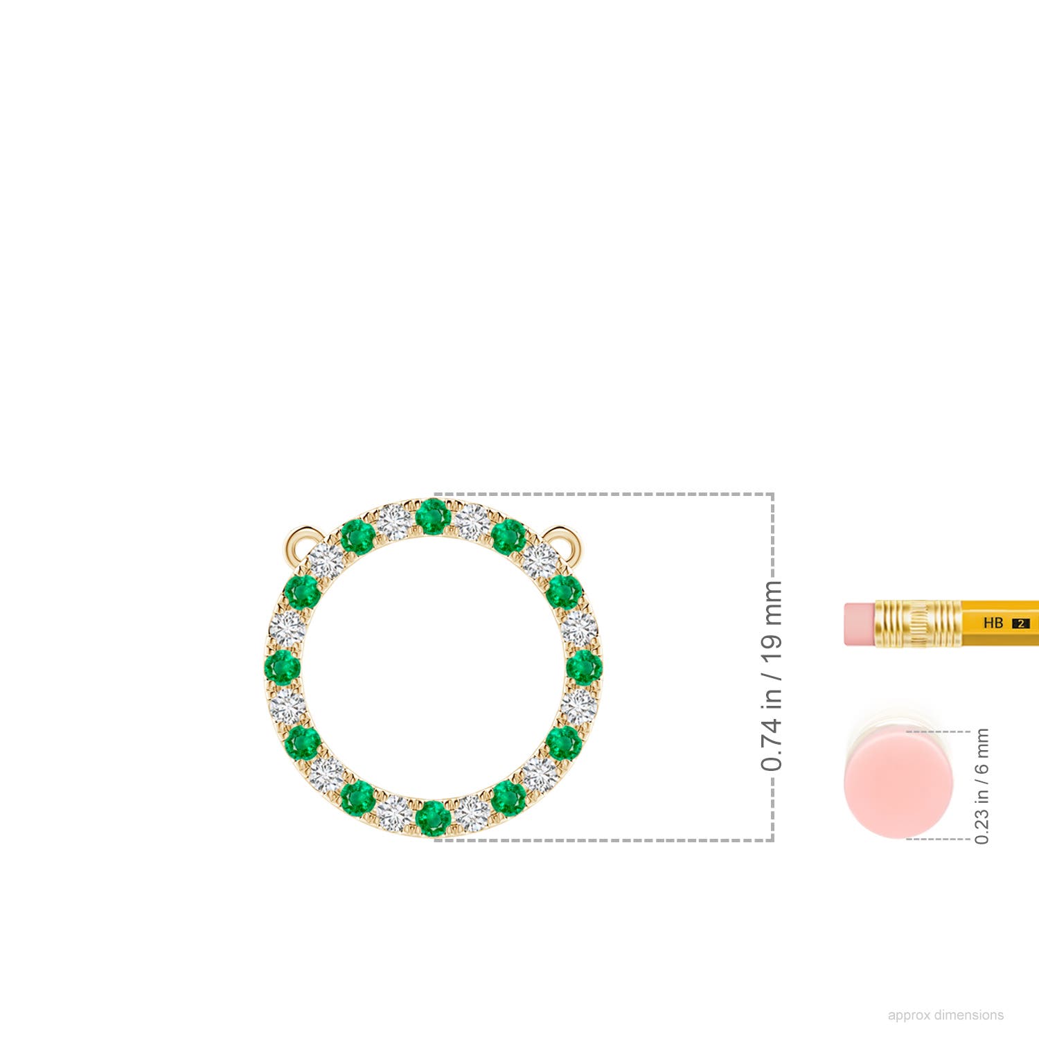 2mm AAA Emerald and Diamond Open Circle Eternity Pendant in Yellow Gold - ruler