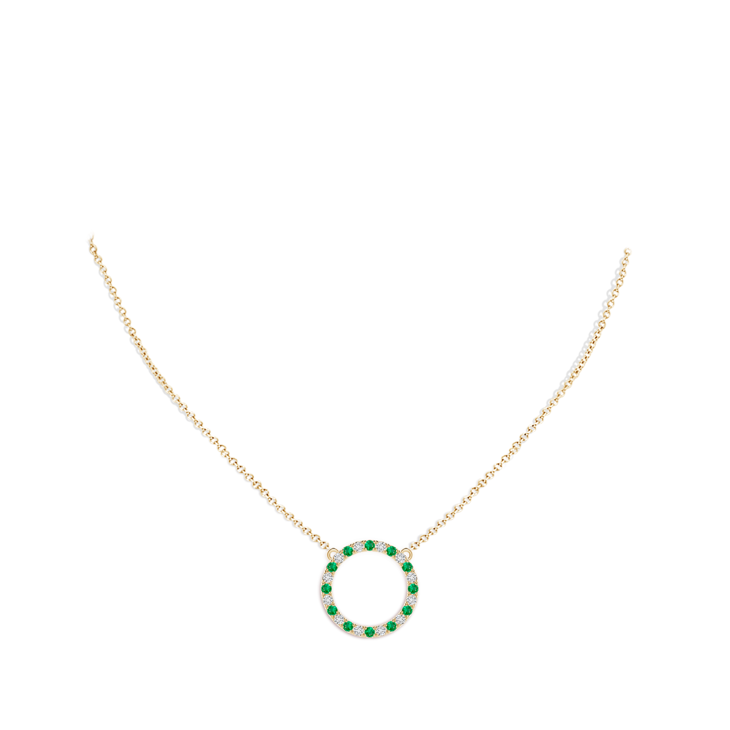 2mm AAA Emerald and Diamond Open Circle Eternity Pendant in Yellow Gold - body_neck