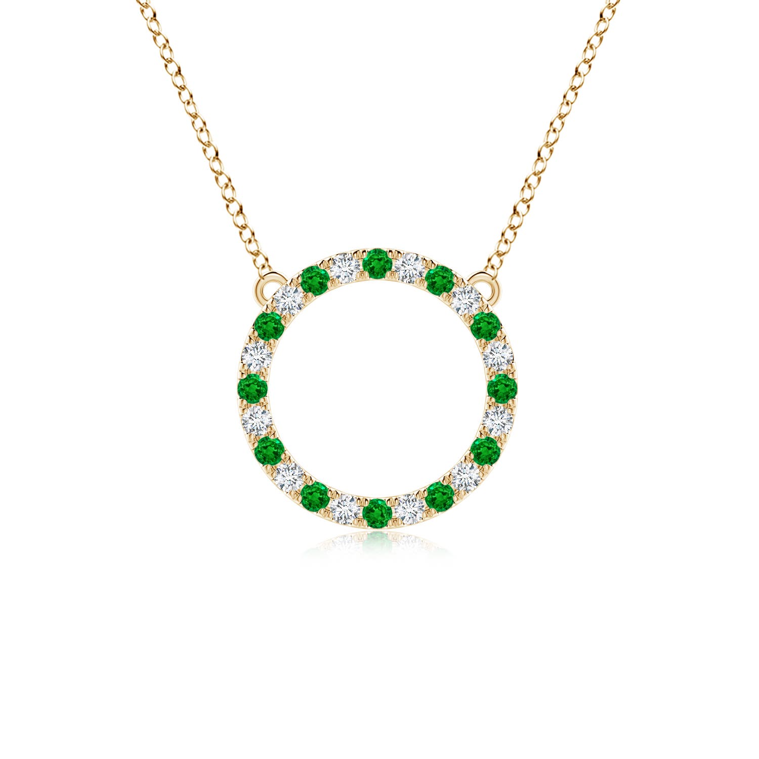 2mm AAAA Emerald and Diamond Open Circle Eternity Pendant in Yellow Gold