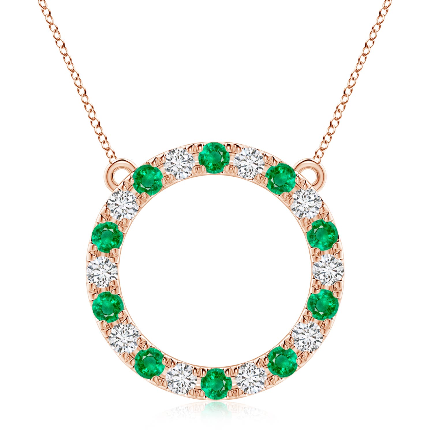 3.5mm AAA Emerald and Diamond Open Circle Eternity Pendant in Rose Gold