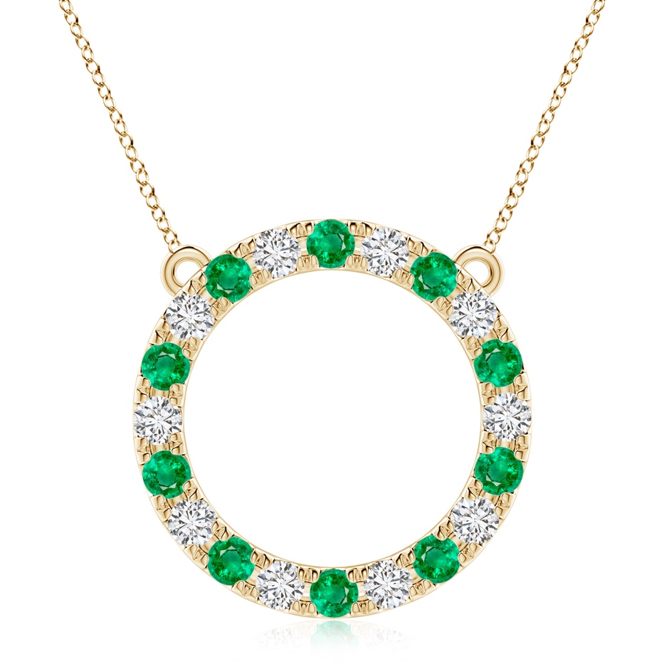3.5mm AAA Emerald and Diamond Open Circle Eternity Pendant in Yellow Gold 