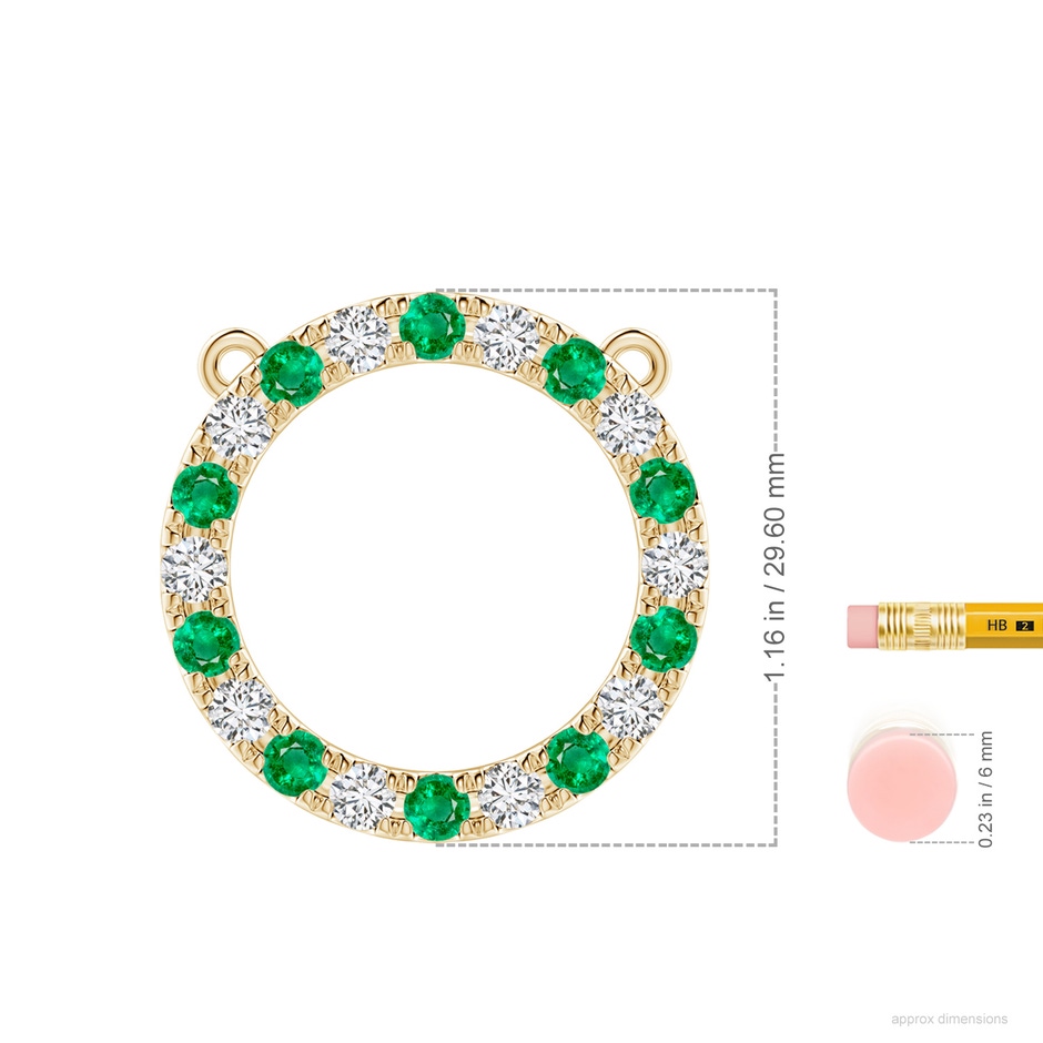 3.5mm AAA Emerald and Diamond Open Circle Eternity Pendant in Yellow Gold ruler