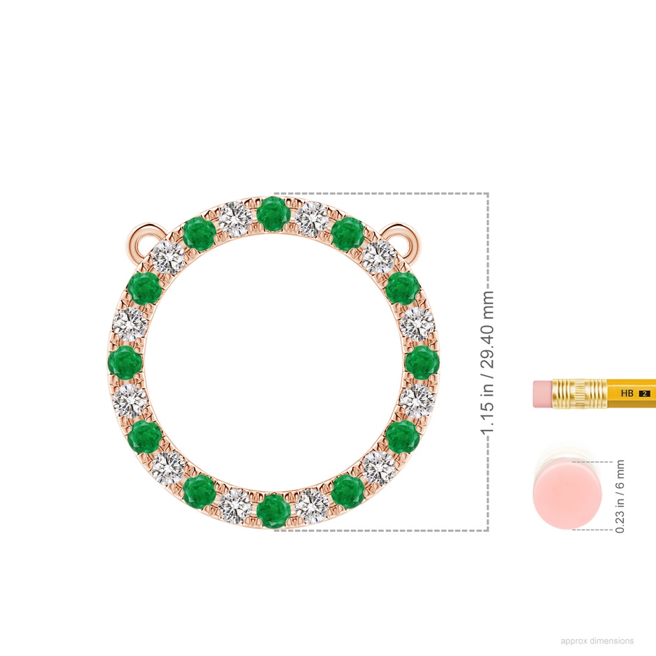 3mm AA Emerald and Diamond Open Circle Eternity Pendant in Rose Gold ruler