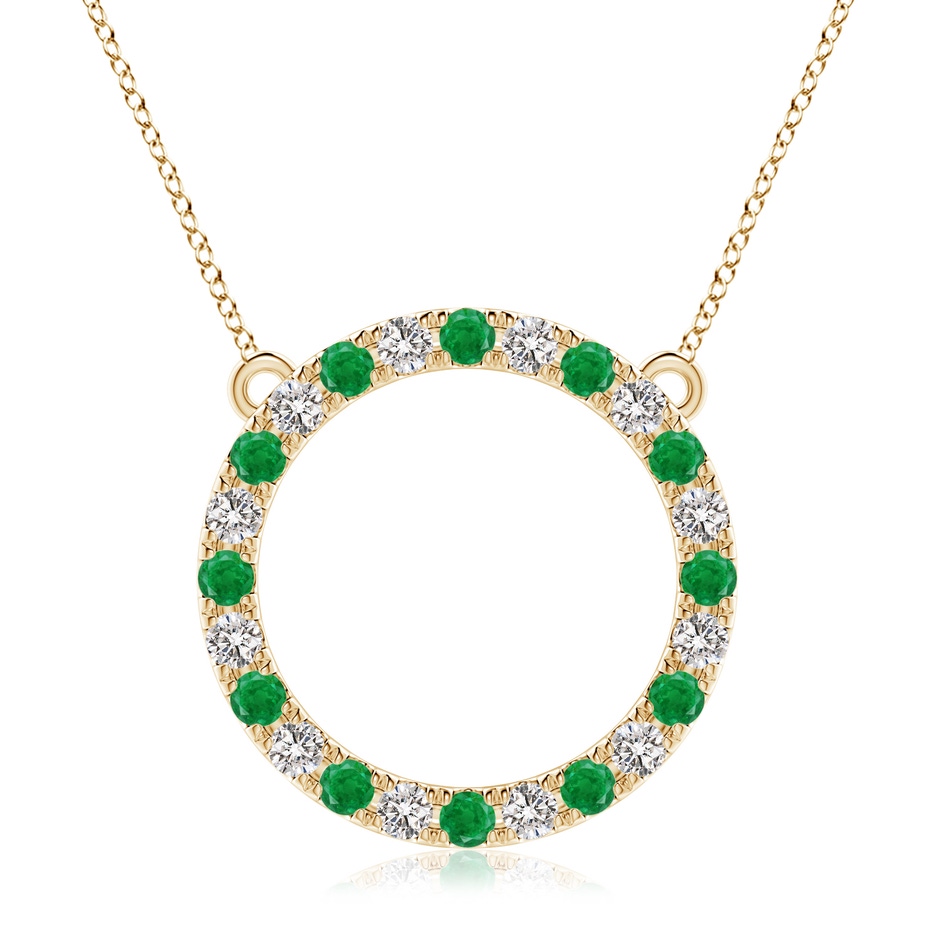 3mm AA Emerald and Diamond Open Circle Eternity Pendant in Yellow Gold 