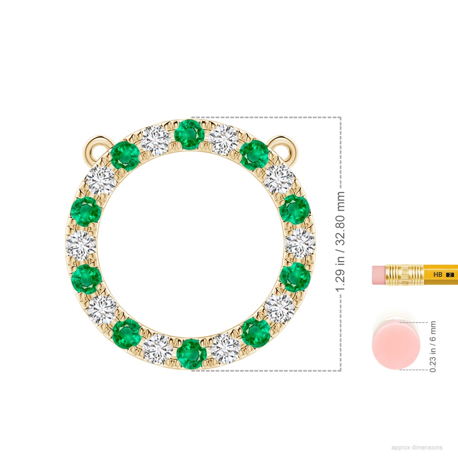 4mm AAA Emerald and Diamond Open Circle Eternity Pendant in Yellow Gold ruler