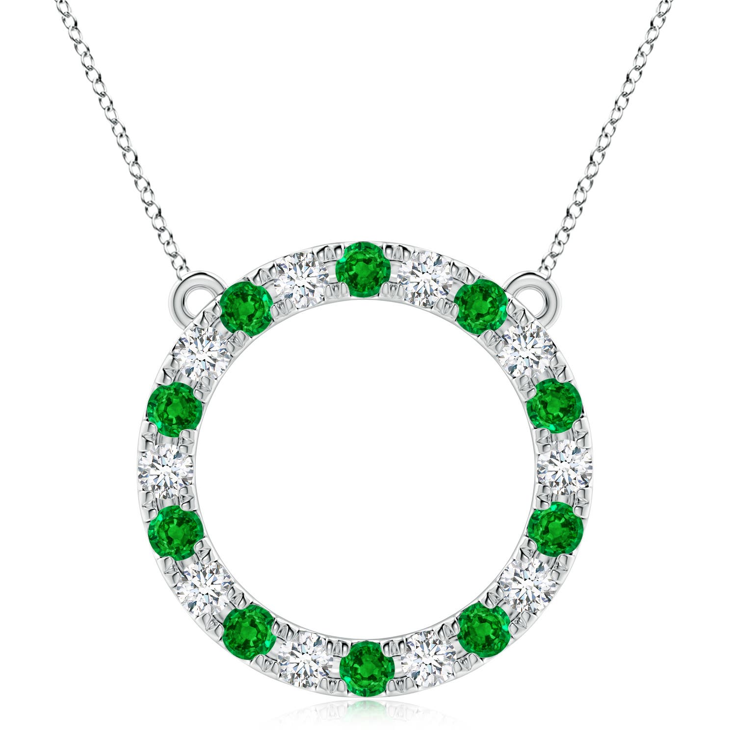 4mm AAAA Emerald and Diamond Open Circle Eternity Pendant in 18K White Gold